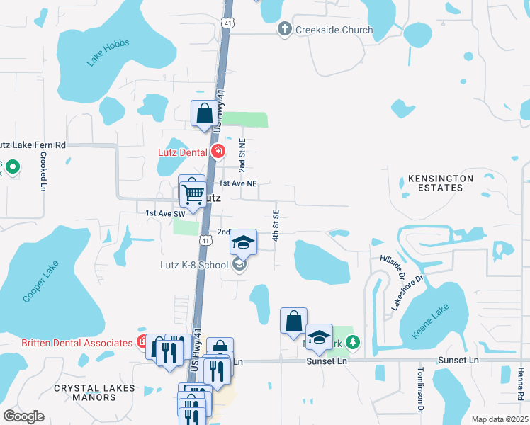 map of restaurants, bars, coffee shops, grocery stores, and more near 304 1st Avenue Southeast in Lutz