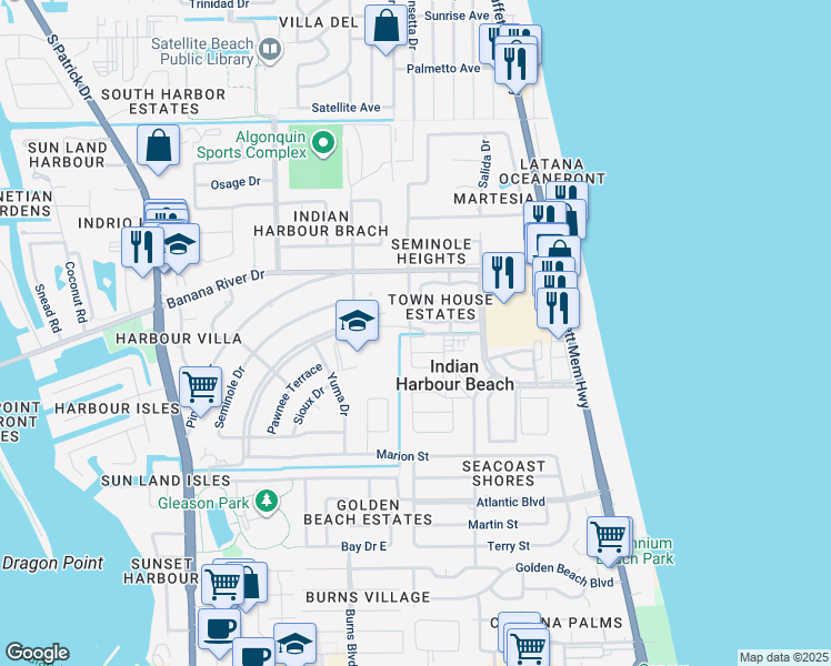 map of restaurants, bars, coffee shops, grocery stores, and more near 1055 Cheyenne Boulevard in Indian Harbour Beach