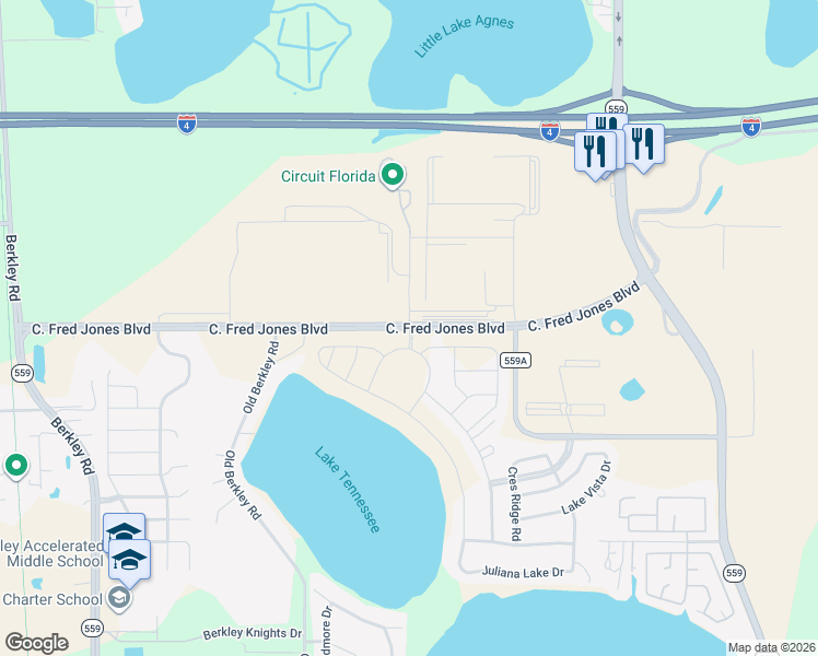 map of restaurants, bars, coffee shops, grocery stores, and more near County Road 559A in Auburndale