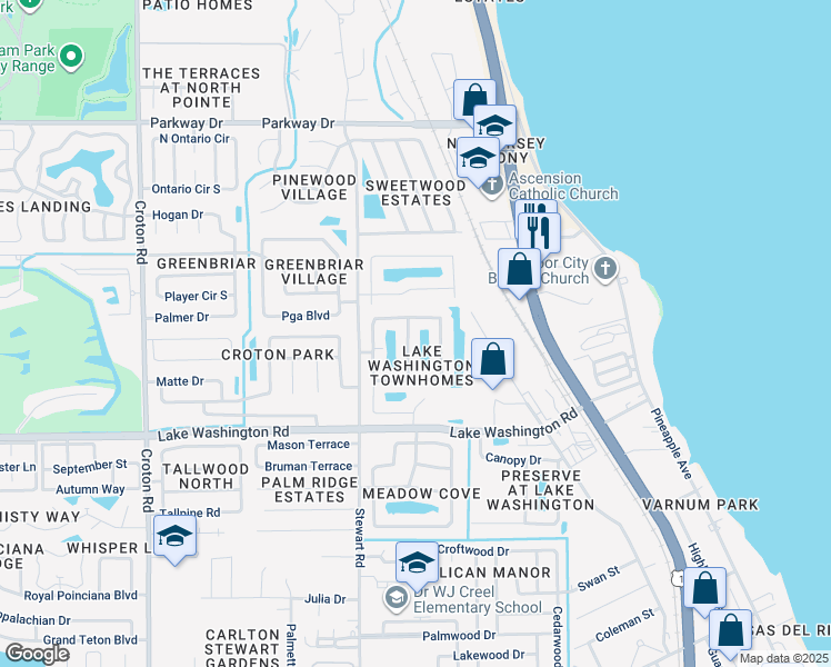 map of restaurants, bars, coffee shops, grocery stores, and more near 2805 Reston Street in Melbourne