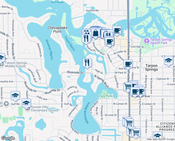 map of restaurants, bars, coffee shops, grocery stores, and more near 350 North Spring Boulevard in Tarpon Springs