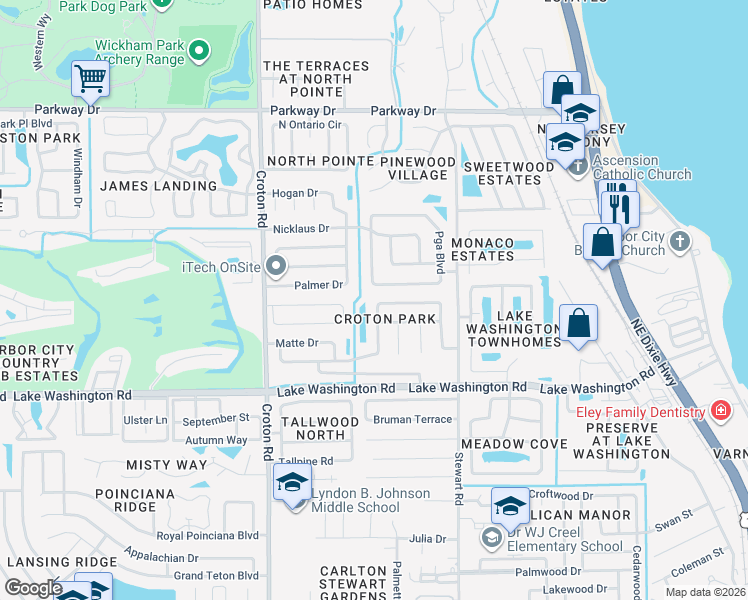 map of restaurants, bars, coffee shops, grocery stores, and more near 1790 West Shores Road in Melbourne