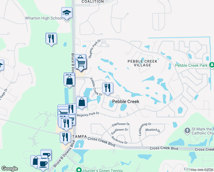 map of restaurants, bars, coffee shops, grocery stores, and more near 9022 Hogans Bend in Tampa