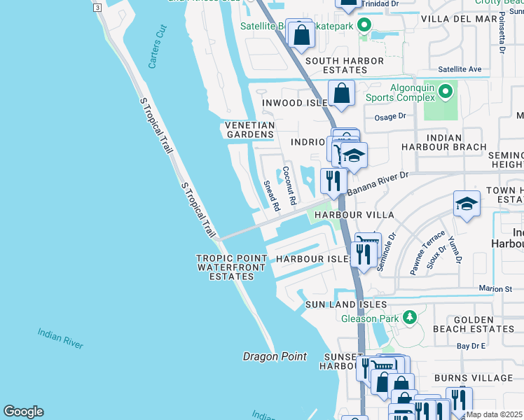 map of restaurants, bars, coffee shops, grocery stores, and more near 101-107 Snead Road in Indian Harbour Beach