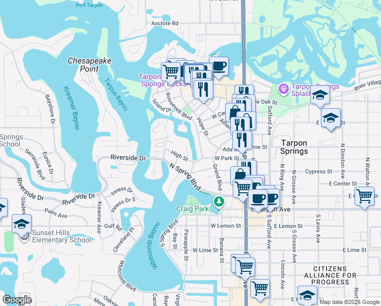 map of restaurants, bars, coffee shops, grocery stores, and more near 208 High Street in Tarpon Springs