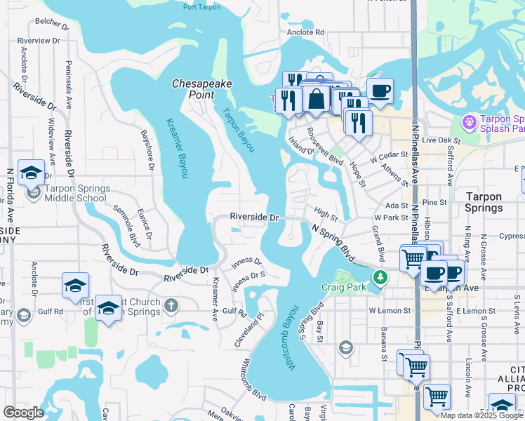map of restaurants, bars, coffee shops, grocery stores, and more near 421 Doric Court in Tarpon Springs