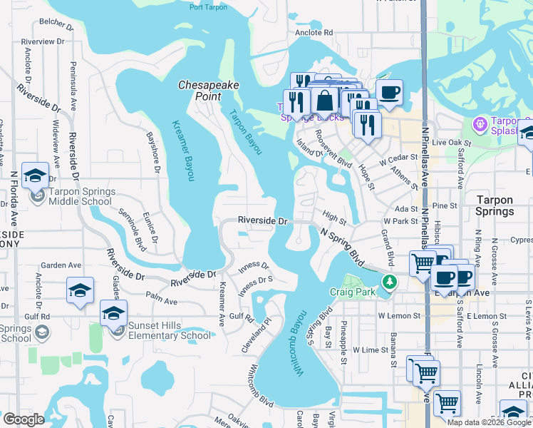 map of restaurants, bars, coffee shops, grocery stores, and more near in Tarpon Springs