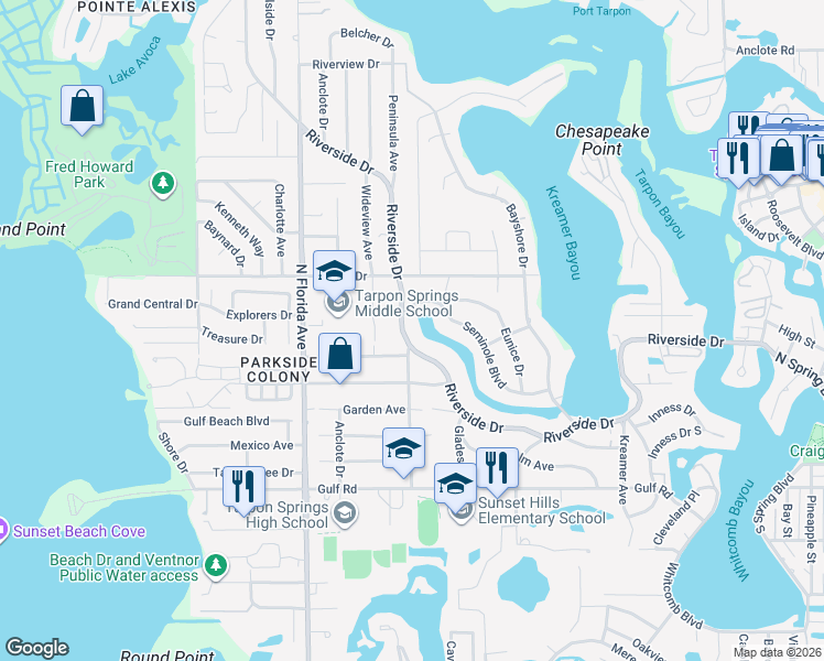 map of restaurants, bars, coffee shops, grocery stores, and more near 806 Riverside Drive in Tarpon Springs