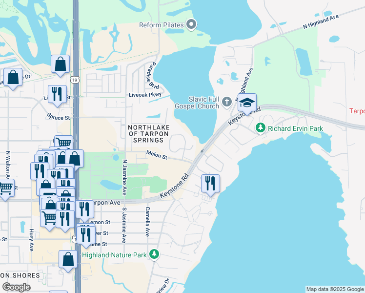 map of restaurants, bars, coffee shops, grocery stores, and more near 517 Spring Lake Circle in Tarpon Springs