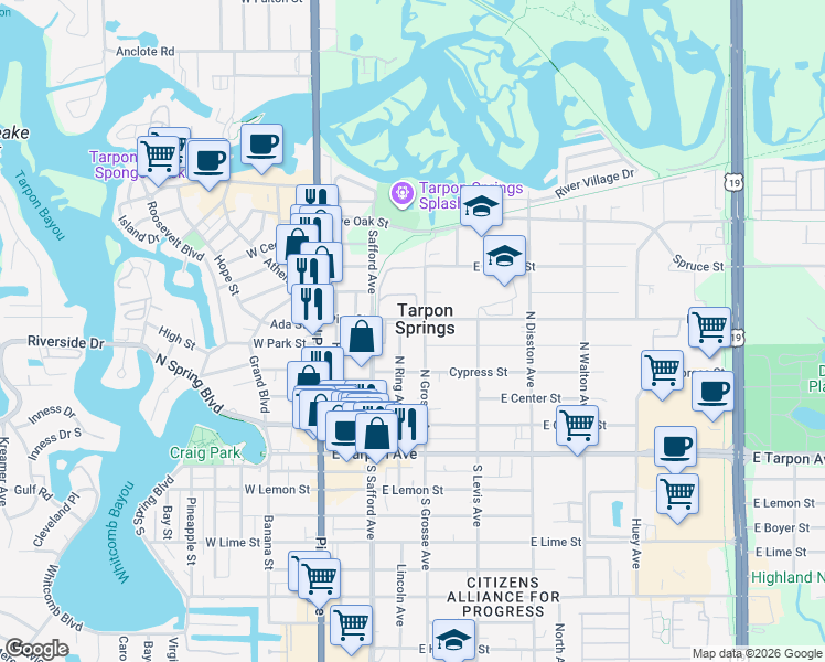 map of restaurants, bars, coffee shops, grocery stores, and more near 324 Pine Street in Tarpon Springs