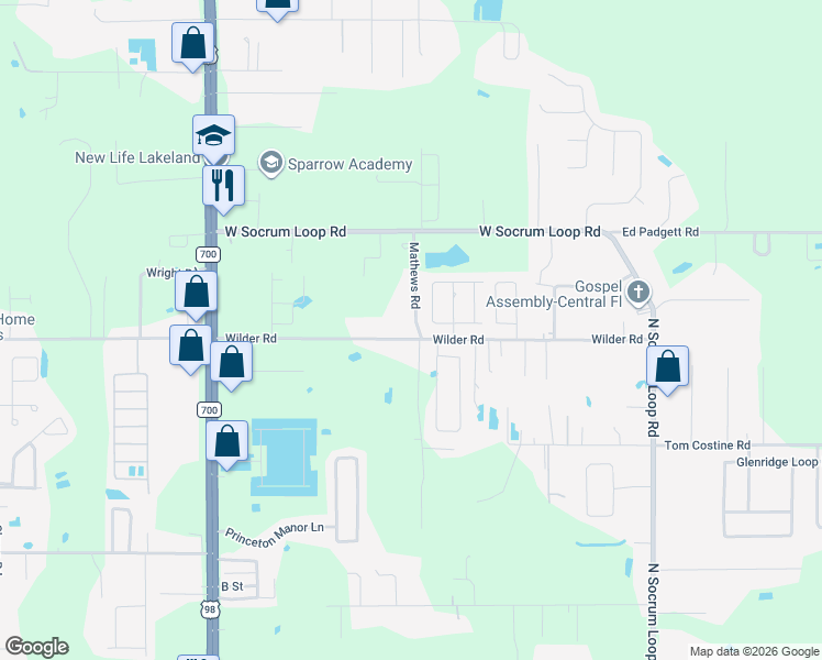 map of restaurants, bars, coffee shops, grocery stores, and more near 615 Wilder Road in Lakeland