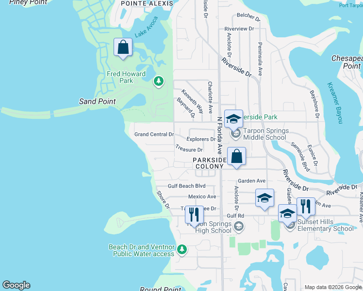 map of restaurants, bars, coffee shops, grocery stores, and more near 1624 Treasure Drive in Tarpon Springs
