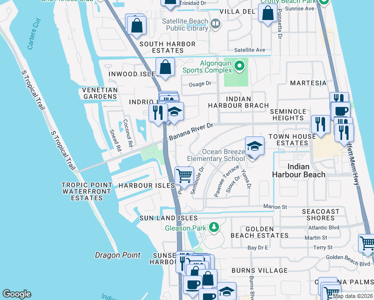 map of restaurants, bars, coffee shops, grocery stores, and more near 102 Mayaca Drive in Satellite Beach
