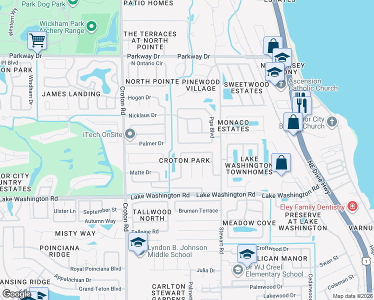 map of restaurants, bars, coffee shops, grocery stores, and more near 1790 West Shores Road in Melbourne