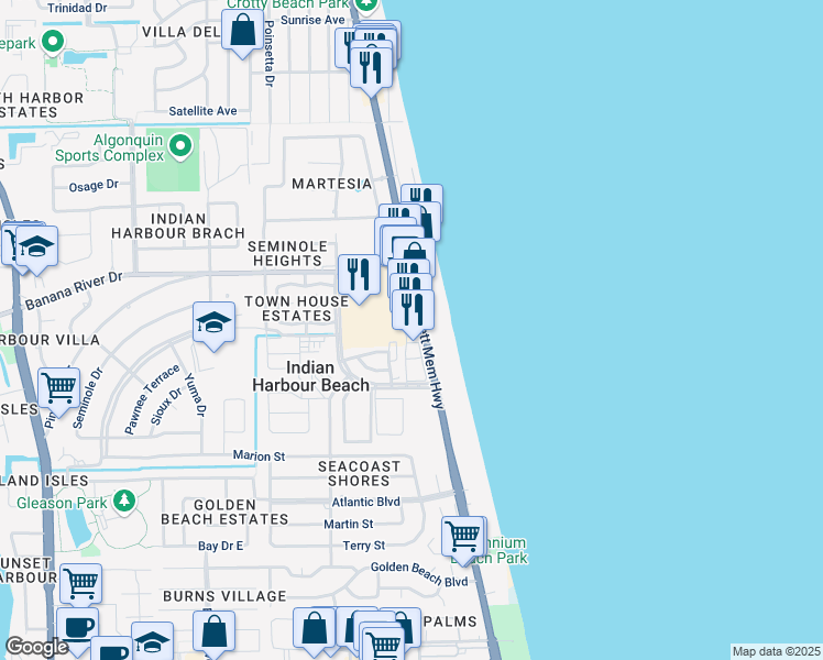 map of restaurants, bars, coffee shops, grocery stores, and more near 1938 Florida A1A in Indian Harbour Beach