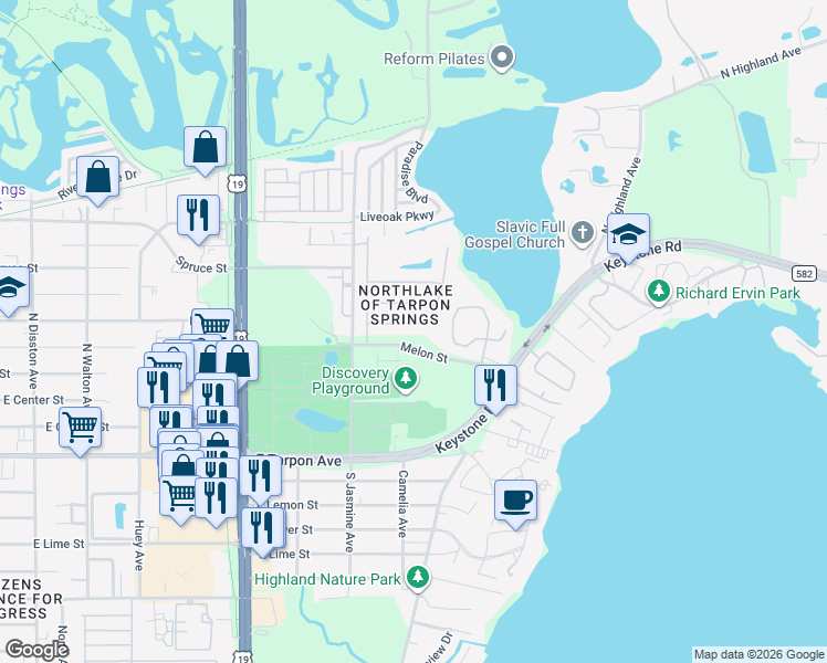 map of restaurants, bars, coffee shops, grocery stores, and more near 1276 Salt Lake Drive in Tarpon Springs