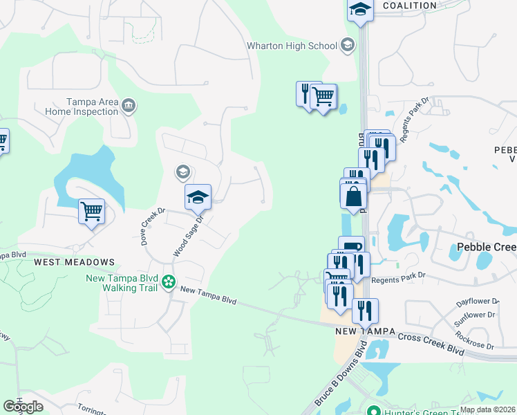 map of restaurants, bars, coffee shops, grocery stores, and more near 19104 White Wing Place in Tampa