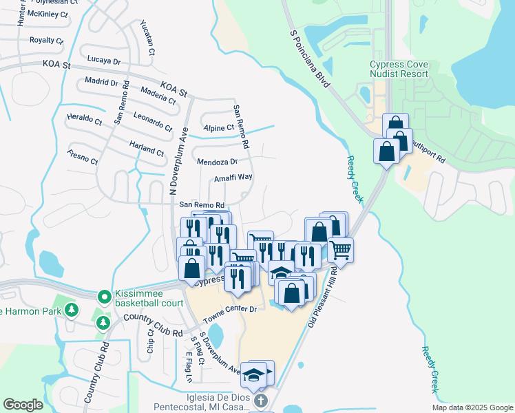 map of restaurants, bars, coffee shops, grocery stores, and more near 106 Cassino Way in Kissimmee