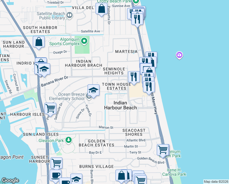 map of restaurants, bars, coffee shops, grocery stores, and more near 423 Emerald Drive South in Satellite Beach