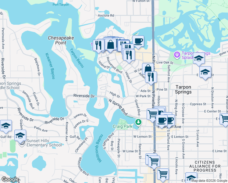 map of restaurants, bars, coffee shops, grocery stores, and more near 308 High Street in Tarpon Springs