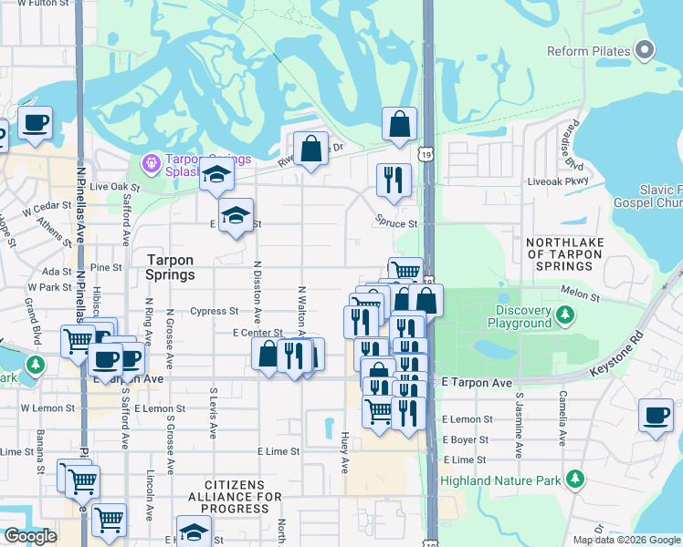 map of restaurants, bars, coffee shops, grocery stores, and more near 818 Pine Street in Tarpon Springs