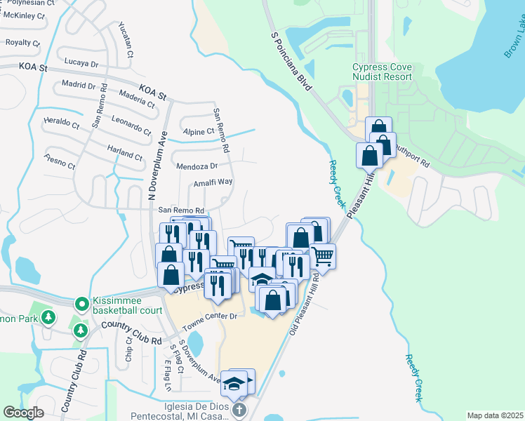 map of restaurants, bars, coffee shops, grocery stores, and more near 58 Cordona Drive in Kissimmee