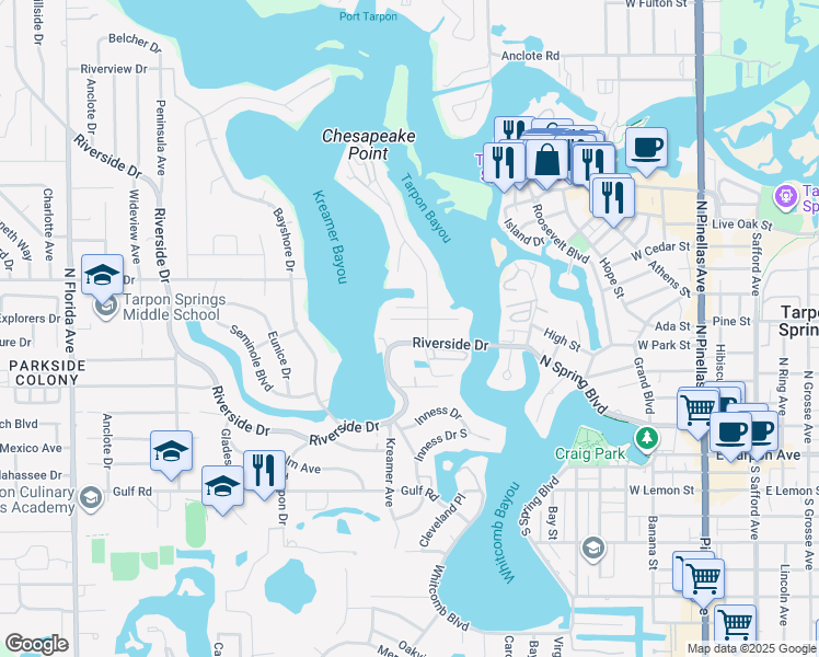 map of restaurants, bars, coffee shops, grocery stores, and more near 470 Riverside Drive in Tarpon Springs