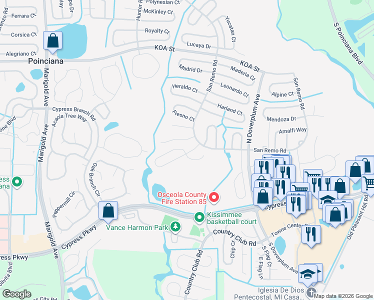 map of restaurants, bars, coffee shops, grocery stores, and more near 609 Regency Way in Kissimmee
