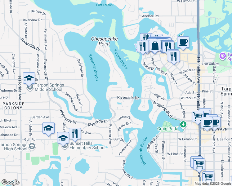 map of restaurants, bars, coffee shops, grocery stores, and more near 470 Riverside Drive in Tarpon Springs