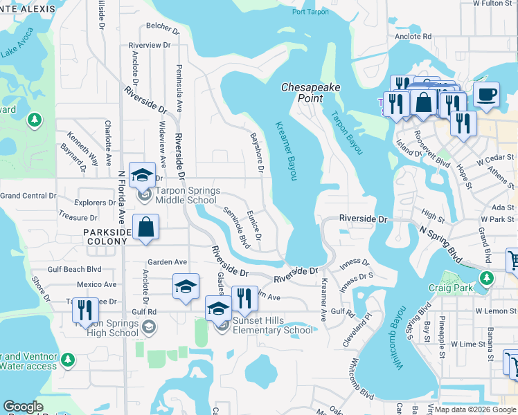 map of restaurants, bars, coffee shops, grocery stores, and more near 641 Bayshore Drive in Tarpon Springs