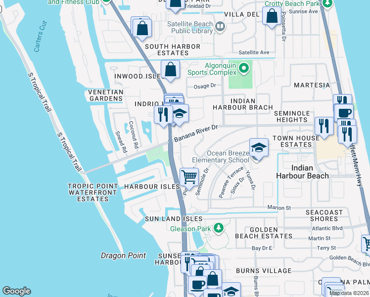 map of restaurants, bars, coffee shops, grocery stores, and more near 102 Mayaca Drive in Satellite Beach