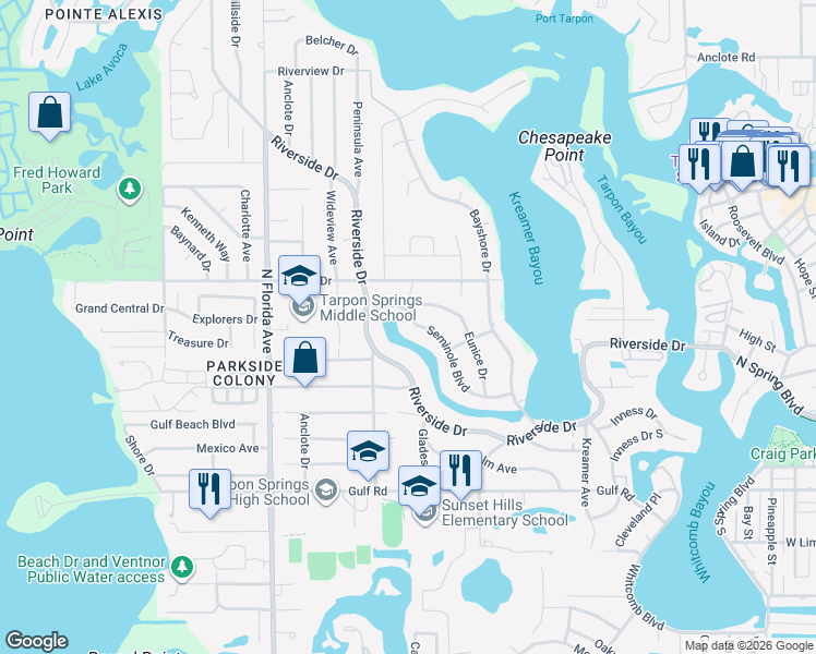 map of restaurants, bars, coffee shops, grocery stores, and more near 880 Seminole Boulevard in Tarpon Springs