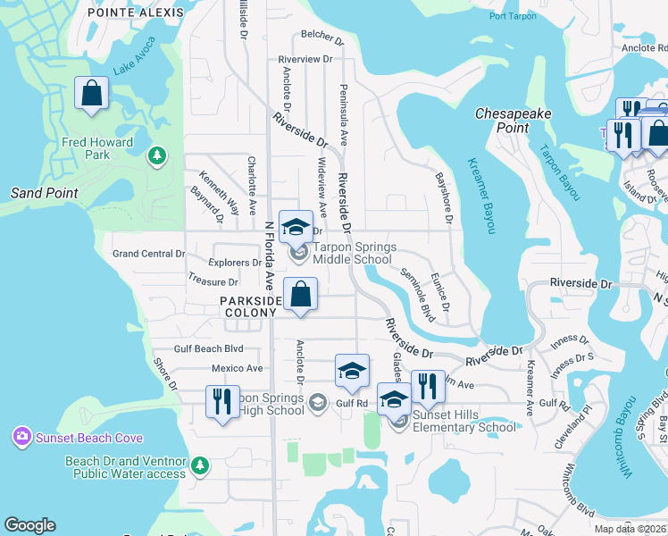 map of restaurants, bars, coffee shops, grocery stores, and more near 510 Wideview Avenue in Tarpon Springs