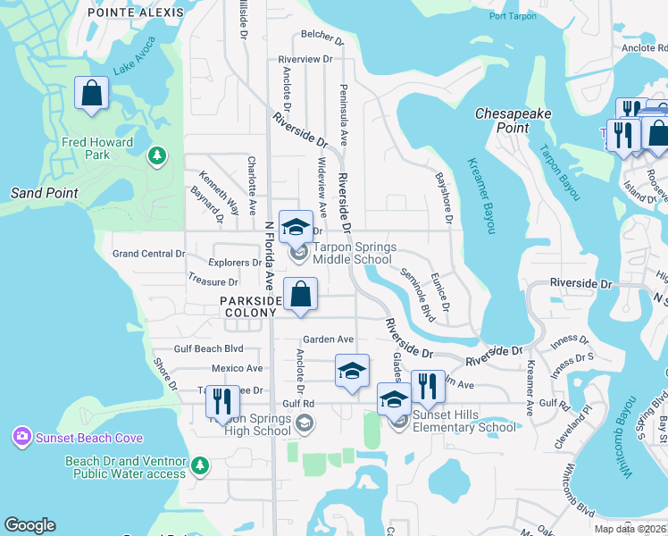 map of restaurants, bars, coffee shops, grocery stores, and more near 510 Wideview Avenue in Tarpon Springs