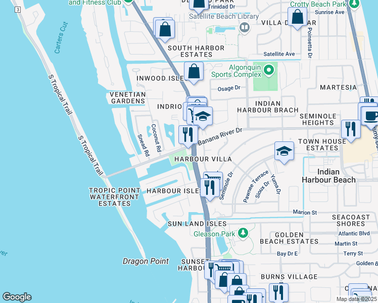 map of restaurants, bars, coffee shops, grocery stores, and more near 1901 South Patrick Drive in Indian Harbour Beach