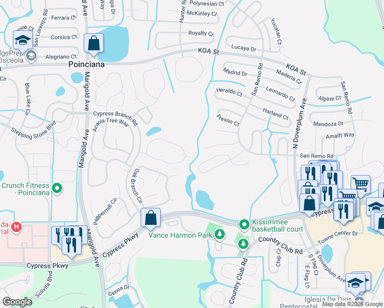 map of restaurants, bars, coffee shops, grocery stores, and more near 605 Pinehurst Court in Kissimmee