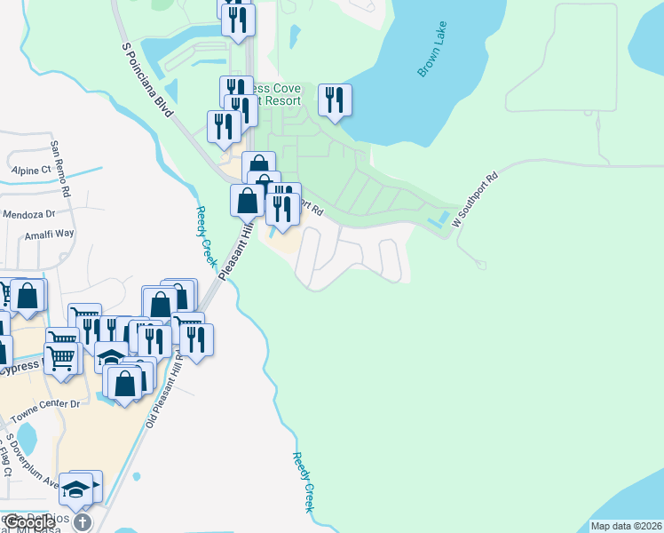 map of restaurants, bars, coffee shops, grocery stores, and more near 4619 Southport Bay Drive in Kissimmee