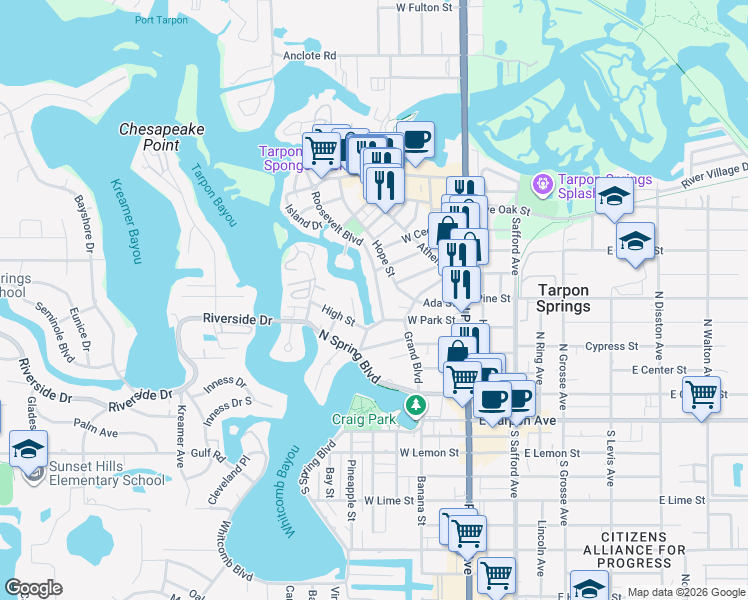 map of restaurants, bars, coffee shops, grocery stores, and more near 208 High Street in Tarpon Springs