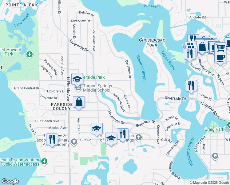 map of restaurants, bars, coffee shops, grocery stores, and more near 835 Seminole Boulevard in Tarpon Springs