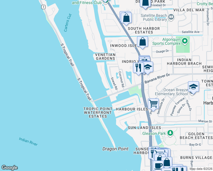 map of restaurants, bars, coffee shops, grocery stores, and more near 12 Marina Isles Boulevard in Indian Harbour Beach