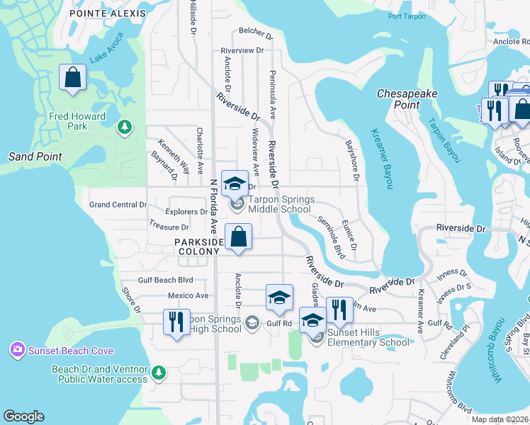 map of restaurants, bars, coffee shops, grocery stores, and more near 510 Wideview Avenue in Tarpon Springs