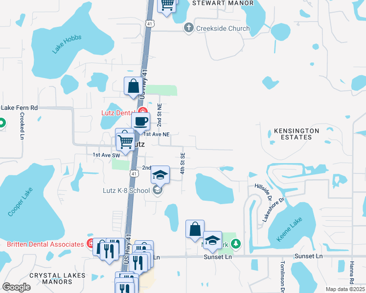 map of restaurants, bars, coffee shops, grocery stores, and more near East Lutz Lake Fern Road in Lutz