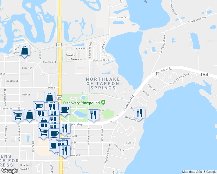 map of restaurants, bars, coffee shops, grocery stores, and more near 1293 Salt Lake Drive in Tarpon Springs