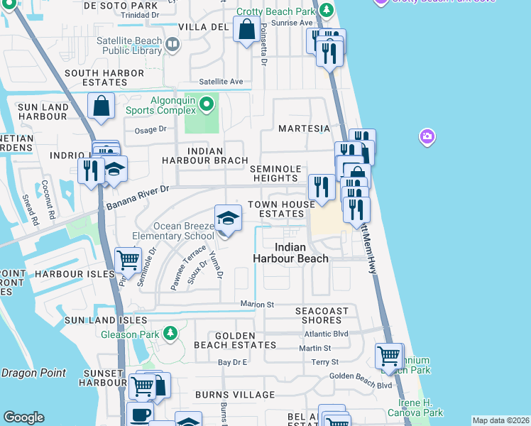 map of restaurants, bars, coffee shops, grocery stores, and more near 316 School Road in Indian Harbour Beach
