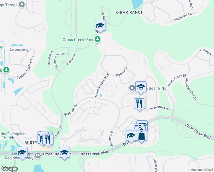 map of restaurants, bars, coffee shops, grocery stores, and more near 10420 Goldenbrook Way in Tampa