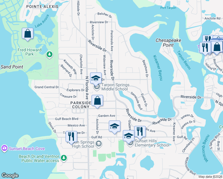 map of restaurants, bars, coffee shops, grocery stores, and more near 806 Riverside Drive in Tarpon Springs