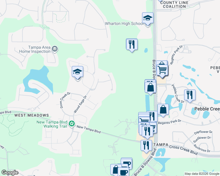 map of restaurants, bars, coffee shops, grocery stores, and more near 19112 White Wing Place in Tampa