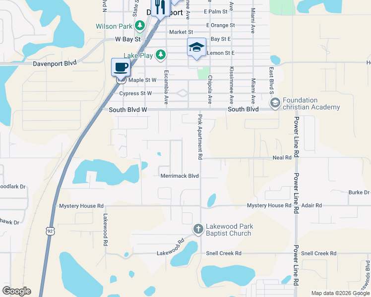 map of restaurants, bars, coffee shops, grocery stores, and more near 1270 Merrimack Drive in Davenport