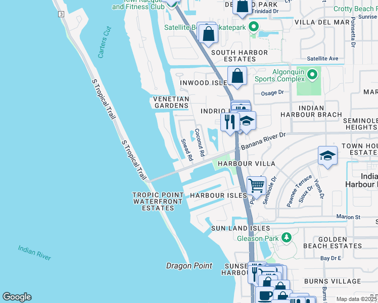 map of restaurants, bars, coffee shops, grocery stores, and more near 107 Snead Road in Indian Harbour Beach