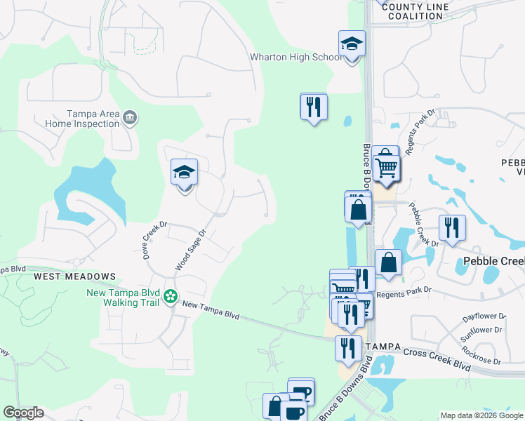 map of restaurants, bars, coffee shops, grocery stores, and more near 19112 White Wing Place in Tampa